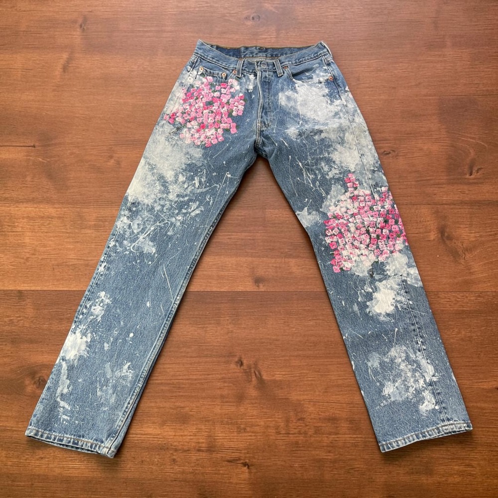 Vintage Levis 501 Custom Painted Cherry Blossom Jeans Womens 28x30 Made in USA